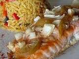 Saumon au soja et riz safrané aux petits légumes