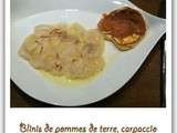 Blinis de pommes de terre, carpaccio de noix de Saint-Jacques marinées