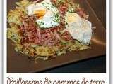 Paillassons de pommes de terre, oeufs mollets et lardons grillés