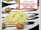 Purée de Panais, coquilles st Jacques roties, caramel au vinaigre de framboises
