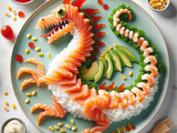 Salade en forme de dragon (riz, poisson, crevettes, caviar rouge ou oeufs de lump, mayonnaise)