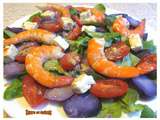 Salade de mâche, crevettes, vitelottes, tomates et feta
