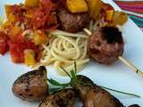 Nids de spaghettis, brochettes de viandes, concassé de tomates courgettes, patates nouvelles à l'huile d'olive / La plancha eno