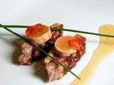 Magret de canard au foie gras, sauce aux cuberdons-amaretto