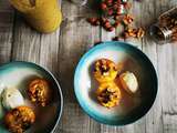 Nectarines rôties au miel, compote rhubarbe/kiwi, ricotta et éclats de noix