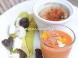 Assiette Provençale : petits flans de riste d’aubergine, salmorejo de Cordoue et courgettes grillées, chèvre frais et basilic
