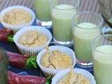 L’apéritif du jardin : lait d’amande au basilic, muffins aux fleurs et aux graines et “nems” de Bresaola aux herbes