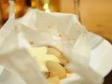 Papillotes poire banane, crème aux fruits de la passion