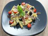 Salade de penne rigate aux anchois ...olives, tomates, pesto, parmesan