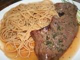 Spaghetti et coeur de boeuf à la plancha sauce fond de veau
