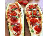 {Pizza boats} - Courgettes farcies façon pizza, mozzarella - tomate & chorizo