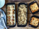 Repas complet au four : boulettes de veau, riz aux champignons et clafoutis poire-chocolat