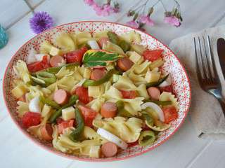 Salade de pâtes paysanne (et légèrement régressive) (tomate, poivron, knackis, emmenthal,..)