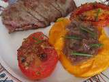 Bavette grillée, purée de patates douces & tomates au thym