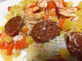 Cabillaud et crevettes au chorizo, carottes et navet boule d'or au riz crémeux - light