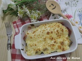 Jambon aux champignons, gratiné à la béchamel et pommes de terre rissolées