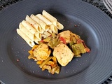 Penne complètes, poulet sautés et poivrons aux herbes