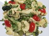 One pot pasta poulet, asperges, brocoli et tomates cerise