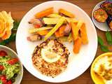 Repas : patates douce, steack de poulet citron, courgette râpée, fruit de la passion