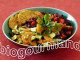 Galettes végétales sans gluten aux flocons de pois chiches, riz rouge de Camargue aux poivrons, légumes à la ciboulette