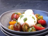 Salade de tomates colorées à la burrata et au pesto