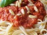 Spaghettis au pesto rouge et poulet croustillant au chorizo