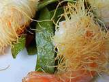 Crevettes en habit croustillant de kadaïf et sa poëlée de pois gourmands au chorizo et pesto