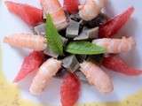 Salade de langoustines et pamplemousse rose sur cœur d'artichaut, vinaigrette aux agrumes