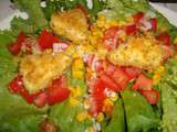 Salade composée aux tomates, maïs et aux vaches qui rit panées