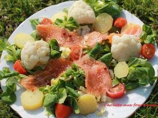 Salade chaud-froid au saumon, chou-fleur, pommes de terres, baies roses et gomasio
