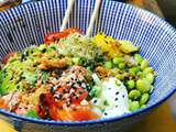 Salade bowl de riz, saumon, avocat, mangue, fèves et mozzarella d’Anton