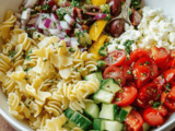Easy Greek Pasta Salad Recipe with Fresh Vegetables and Feta Cheese