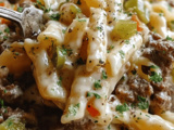 Philly Cheesesteak Pasta Skillet Recipe with Tender Beef and Cheesy Sauce