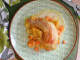 Poulet mariné aux épices à colombo ; carottes, rutabaga et patate douce