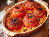 Tomates farcies : farce moelleuse et riz imprégné