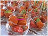 Verrines tomates,fraises,sorbet poivrons et basilic