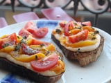 Tartines à la crème de haricots blancs fromagère, poivrons grillés et tomates