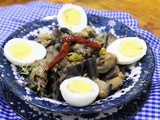 Aubergines braisées à l'ail et piments forts verts et espelette aux œufs durs- entrée chaude ou froide