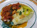 Gratin de chou fleur aux pommes de terre garni de tomates frites aux aiguillettes de poulet
