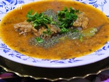 Soupe bônoise au carré d'agneau et blé vert torrefié et concassé ( jeri bel frick annabi )