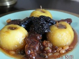 Tajine sucré salé aux pommes à l'agneau et beignets aux amandes et pruneaux- marka hlouwa b teffeh w chbih essofra