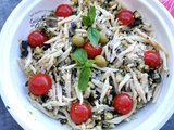 Salade de Trofies aubergines au pesto d’olives et basilic en accompagnement de Crevettes et joues de lotte