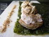 Amuses-bouches saveurs du Japon : minis blinis au nori sous une crème de thon à l’umeboshi