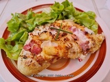 Baguette rôtie poivron, lardons, chèvre et mozzarella