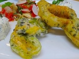 Beignets de fleurs de courgettes aux algues nori et quenelle de ricotta aux agrumes, olives niçoises