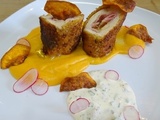 Cordon bleu au Beaufort, sauce yaourt aux fines herbes et piment d'Espelette et purée de patates douces