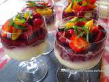 Crème vanillée aux fraises, cerises, myrtilles et tomates cerises sur lit de Spéculoos, Coulis de fruits rouges-Pitacou Tomates