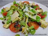 Salade d'artichauts violets, tomates, fèvettes, Parmesan, olives niçoises et pignons grillés