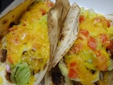 Tacos gratinés au boeuf, haricots à la tomate , maïs et cheddar