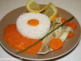 Filet de Cabillaud poché au court bouillon , riz basmati et , coulis de légumes
